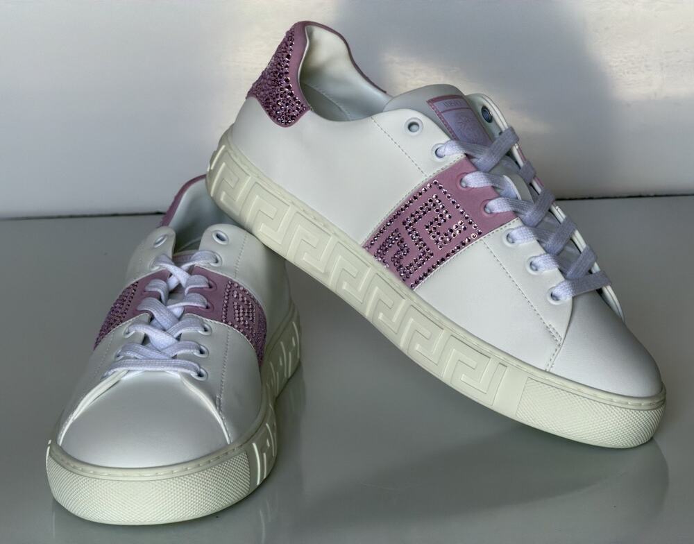 Versace Crystal Greek Women’s White/Pink Leather Sneakers 11.5 US 1013568 NIB